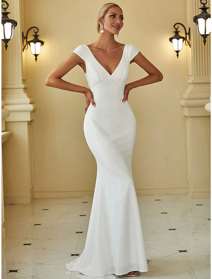 Mermaid / Trumpet V Neck Cap Sleeve Sweep / Brush Train Stretch Fabric Bridal Gowns With Draping Solid Color Wedding Dresses&Bridal Dresses