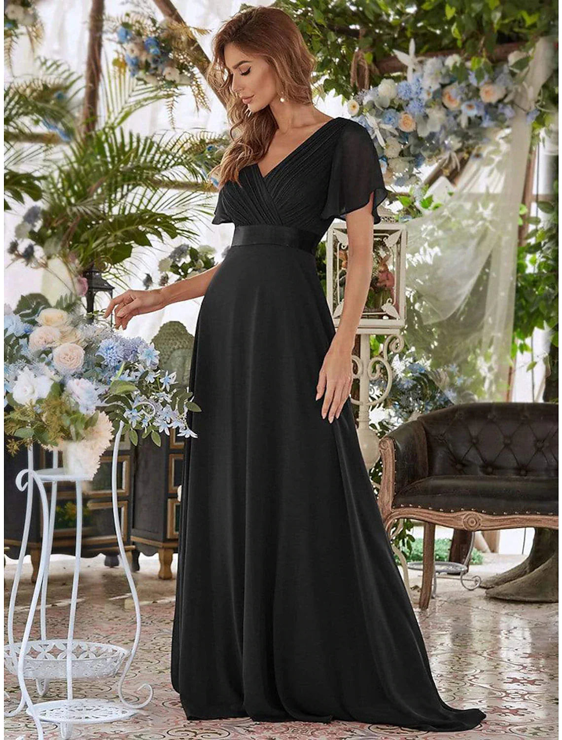A-Line Evening Gown Empire Dress Wedding Guest Formal Evening Floor Length Short Sleeve V Neck Bridesmaid Dress Chiffon V Back with Ruffles Solid Color