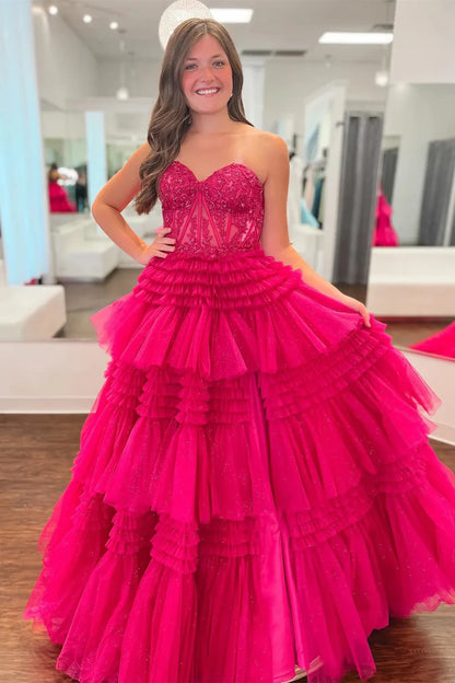 Multi-Layers Strapless Appliques A-line Tulle Long Prom Dress