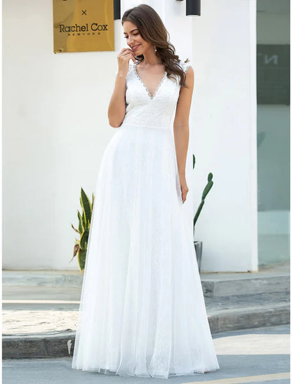 Beach Wedding Dresses A-Line V Neck Cap Sleeve Floor Length Lace Bridal Gowns With Lace Bridal Dresses