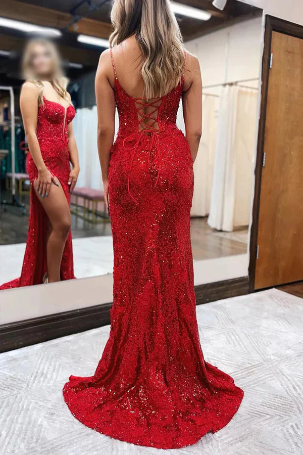 Mermaid Spaghetti Straps Appliques  Prom Dress with Slit