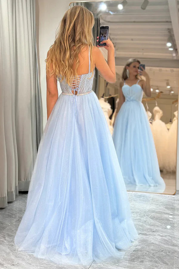 Spaghetti Straps Tulle  Sparkly Prom Dress