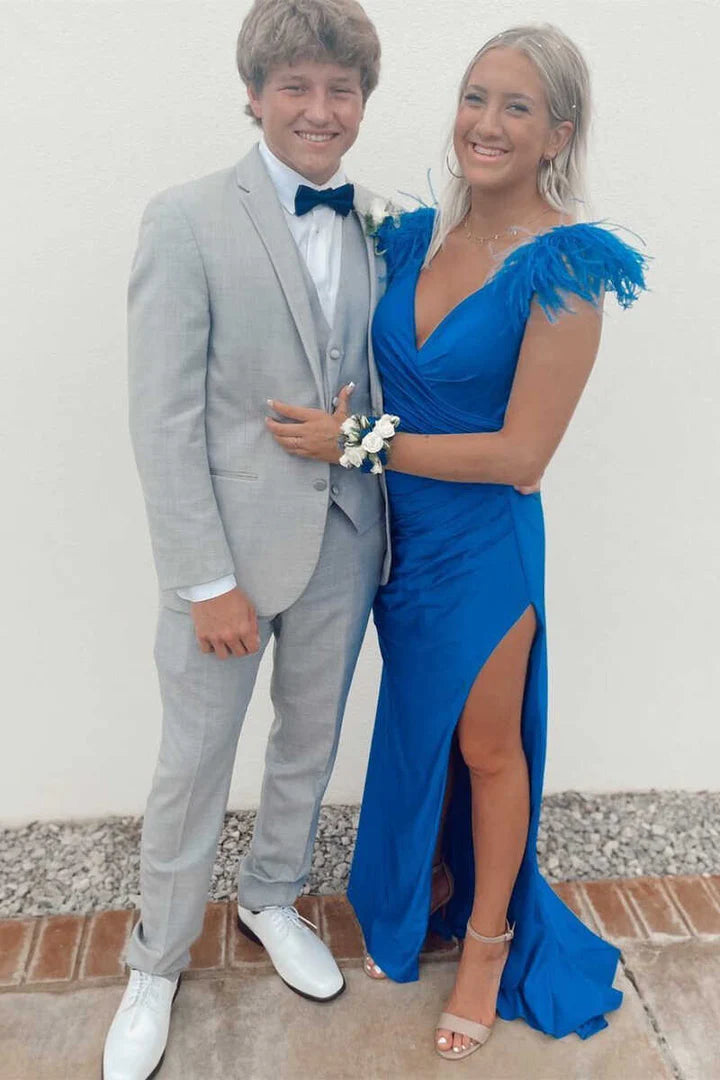 Feather V-Neck Long Prom Dress with Slit