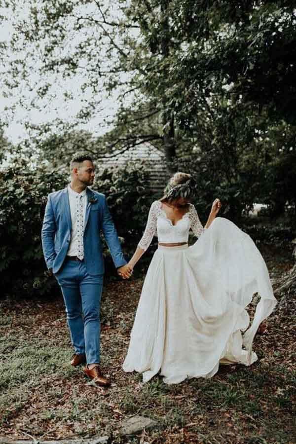 Two Piece 3/4 Sleeve Chiffon Wedding Dresses Wedding Dress