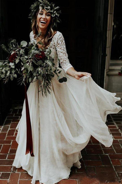 Two Piece 3/4 Sleeve Chiffon Wedding Dresses Wedding Dress