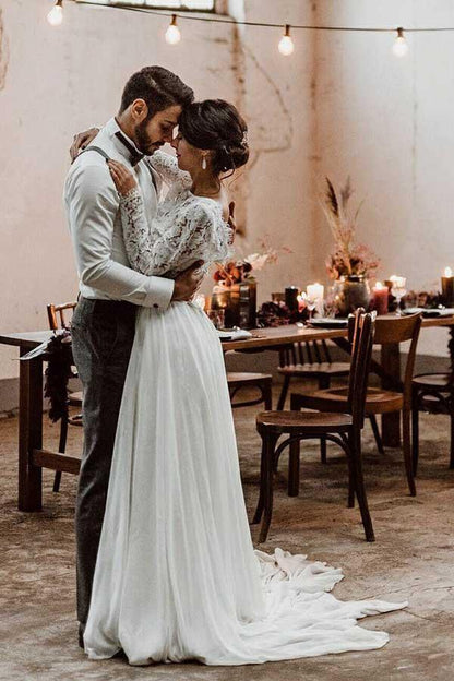 Two Piece Bateau Long Sleeves Chiffon Wedding Dress with Lace