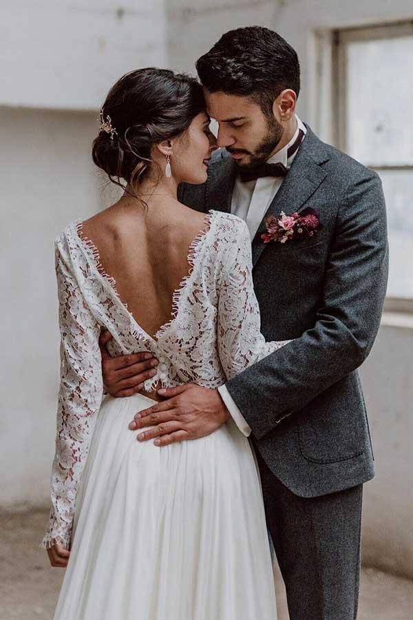 Two Piece Bateau Long Sleeves Chiffon Wedding Dress with Lace