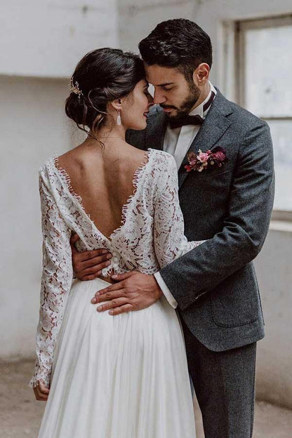 Two Piece Bateau Long Sleeves Chiffon Wedding Dress with Lace