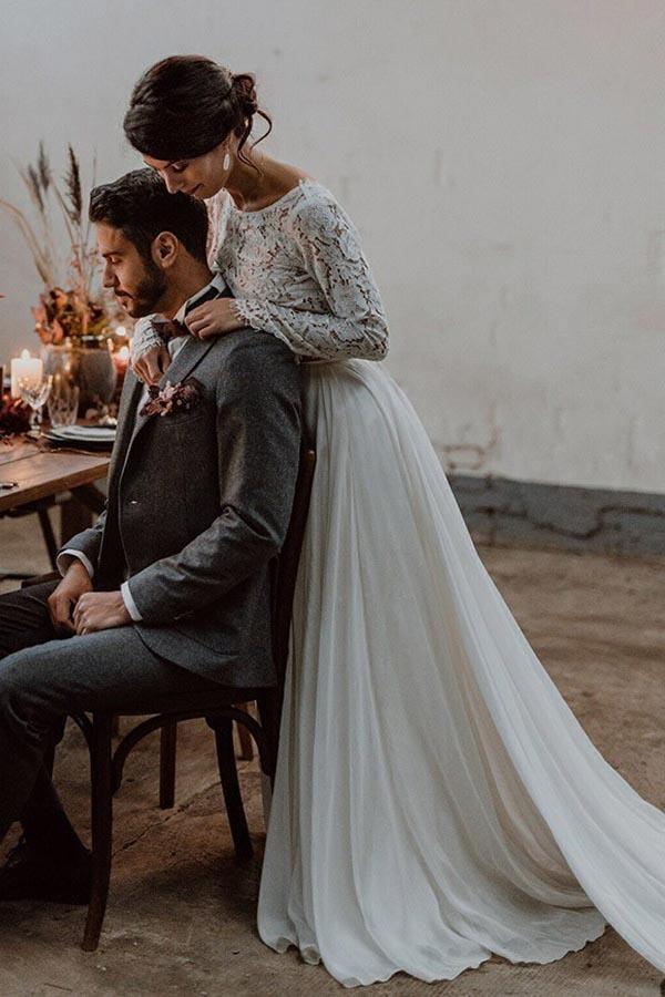 Two Piece Bateau Long Sleeves Chiffon Wedding Dress with Lace