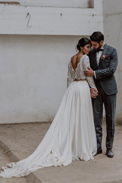 Two Piece Bateau Long Sleeves Chiffon Wedding Dress with Lace