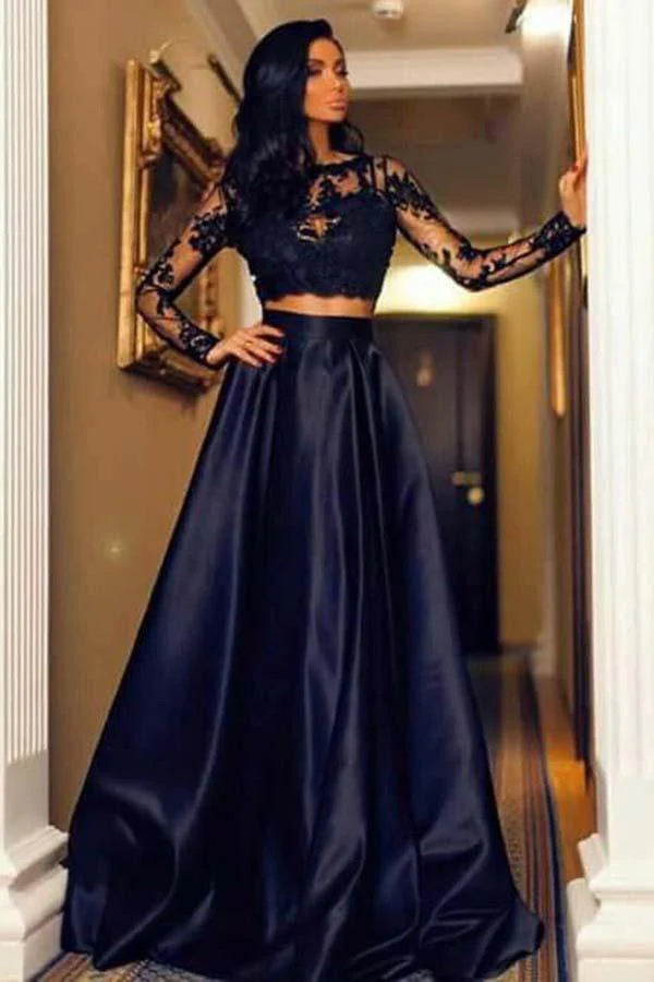 A Line Two Pieces Floor Length Bateau Sweep Train Dress Black Prom Dress with Appliques
