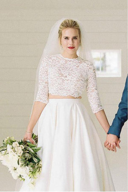 Two Piece Half Sleeves See-Through Wedding Dress with Lace Top