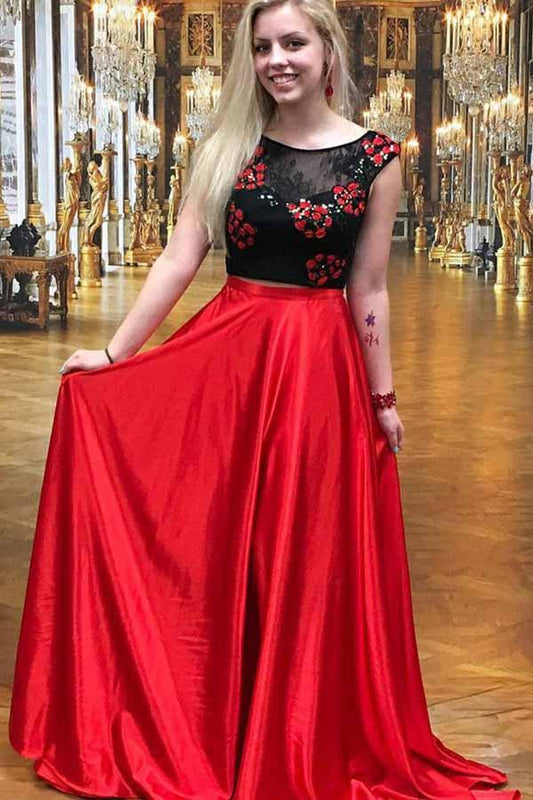 A Line Two Pieces Scoop Neck Red Satin Prom Dress with Lace Appliques