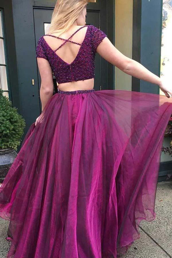 A Line Two Pieces V-Neck Short Sleeves Purple Tulle Prom Dress with Beading