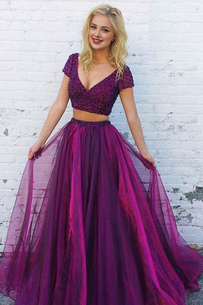 A Line Two Pieces V-Neck Short Sleeves Purple Tulle Prom Dress with Beading
