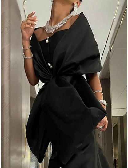 Mermaid Evening Gown Black Dress Elegant Dress Formal Court Train Half Sleeve Off Shoulder Satin with Bow(s) Slit