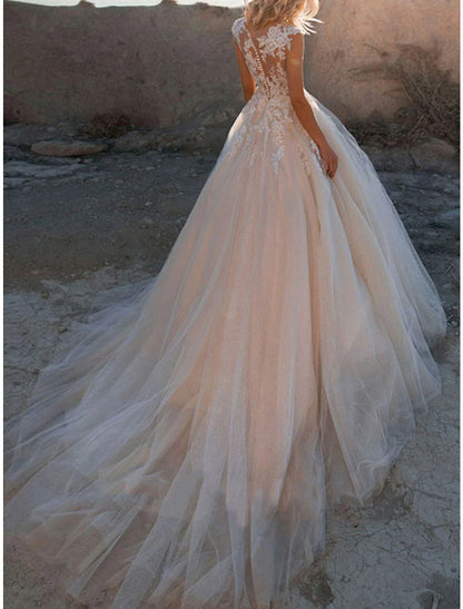 Formal Wedding Dresses Ball Gown Illusion Neck Cap Sleeve Court Train Lace Bridal Gowns With Buttons Appliques 2023 Summer Wedding Party, Women's Clothing
