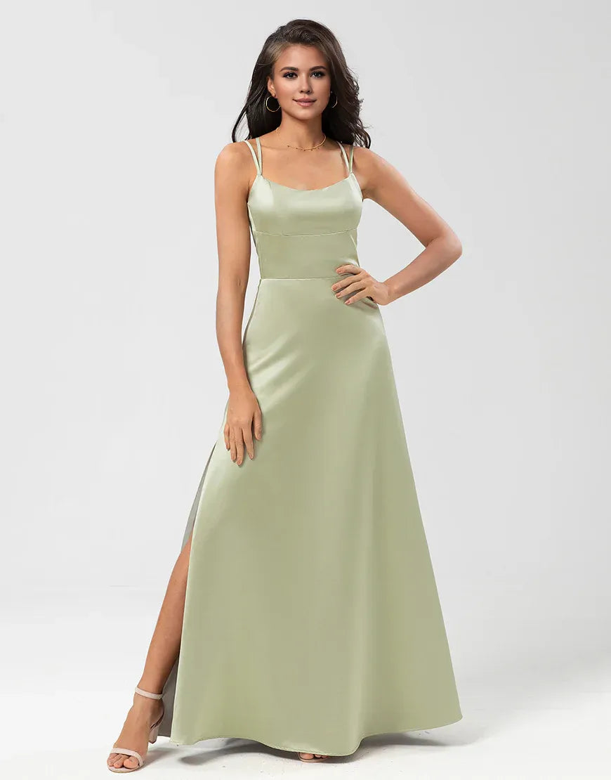 Satin Green Round Neck Spaghetti Strap Satin Bridesmaid Dress with Lace-up Back