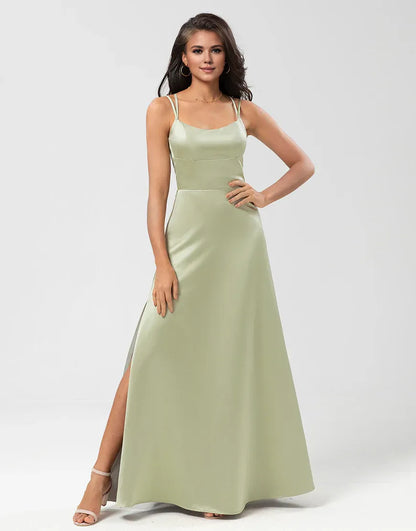 Satin Green Round Neck Spaghetti Strap Satin Bridesmaid Dress with Lace-up Back