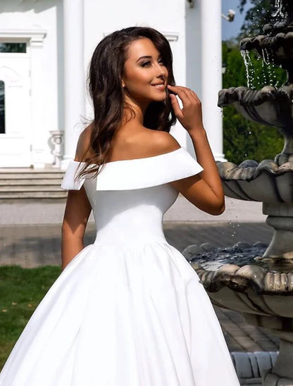Formal Wedding Dresses Bridal Dresses Ball Gown Off Shoulder Cap Sleeve Chapel Train Satin Bridal Gowns With Pleats