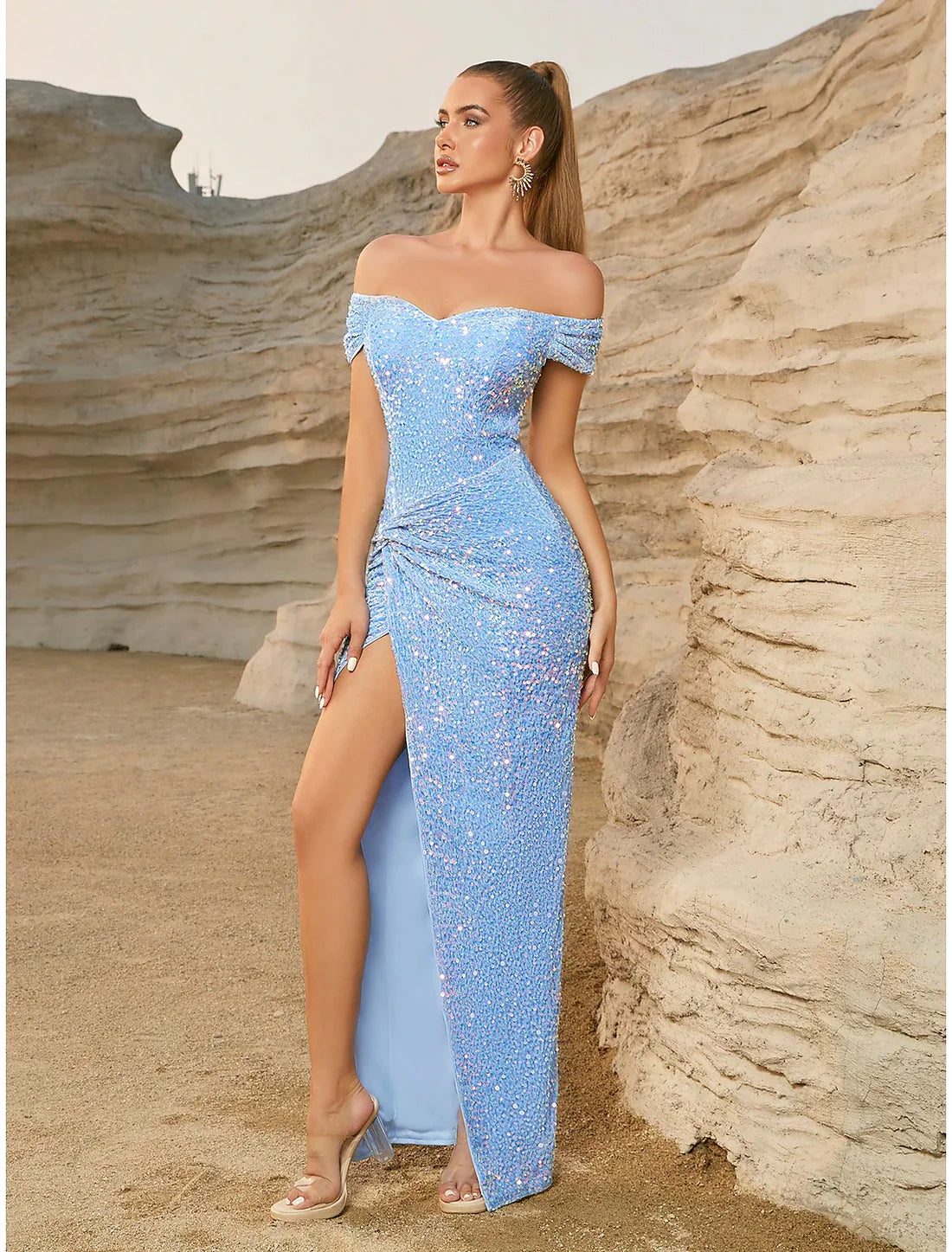 Sheath / Column Party Dresses Sparkle &amp; Shine Dress Party Wear Floor Length Short Sleeve Off Shoulder Sequined with Glitter Ruched Slit