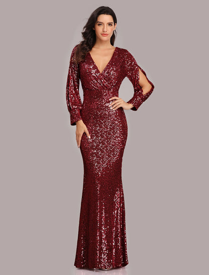 Sheath Mermaid V Neck  Evening Gown Sleek Glitter Sparking Sequins  Floor Length Long Sleeve  Party Dress  Prom Dress