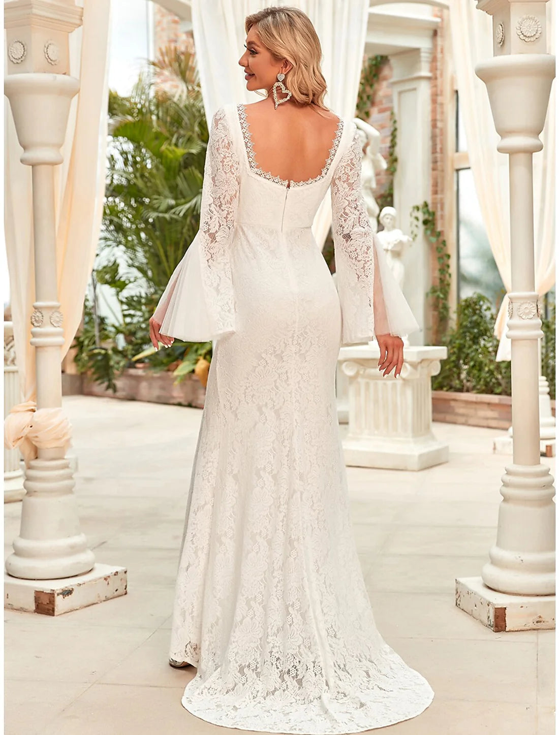 Wedding Dresses Mermaid / Trumpet Square Neck Long Sleeve Sweep / Brush Train Lace Bridal Gowns With Split Front