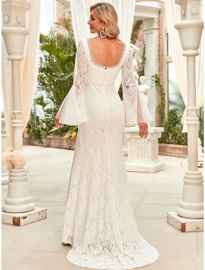 Wedding Dresses Mermaid / Trumpet Square Neck Long Sleeve Sweep / Brush Train Lace Bridal Gowns With Split Front