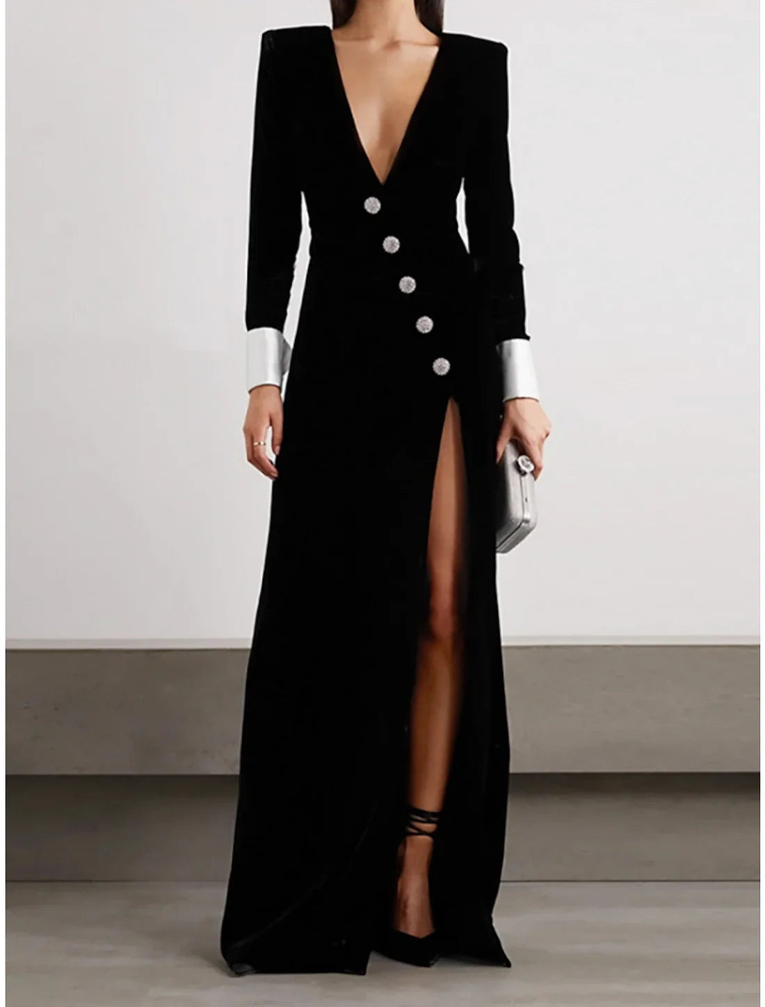 Evening Gown Formal Black Dress Floor Length Long Sleeve V Neck Velvet with Buttons Split