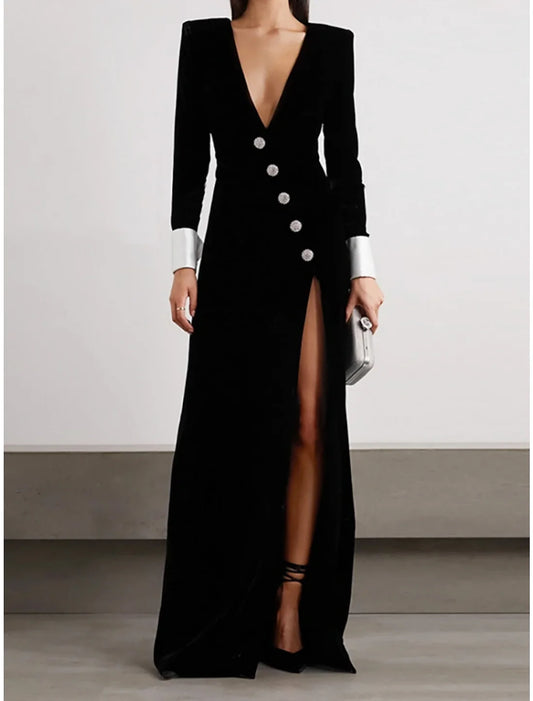 Evening Gown Formal Black Dress Floor Length Long Sleeve V Neck Velvet with Buttons Split