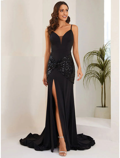 Mermaid / Trumpet Evening Gown Sexy Dress Formal Court Train Sleeveless Spaghetti Strap Stretch Fabric with Crystals Slit