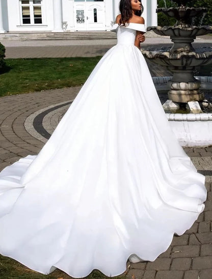 Formal Wedding Dresses Bridal Dresses Ball Gown Off Shoulder Cap Sleeve Chapel Train Satin Bridal Gowns With Pleats