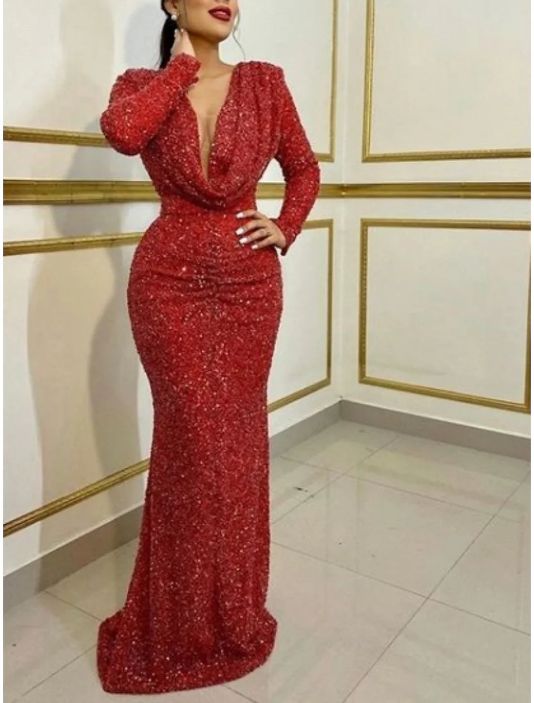 Sheath Evening Gown Formal Sweep / Brush Train Mermaid Long Sleeve V Neck Dress with Glitter Pleats