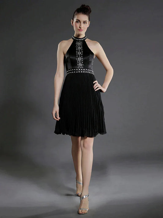 Ball Gown Little Black Dress Dress Holiday Knee Length Sleeveless High Neck Chiffon with Pleats Beading
