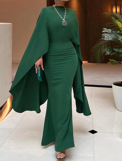 Sheath Mermaid Sleeveless Evening Gown Floor Length  Jewel Neck Capes  Chiffon Prom Dress with Ruched Slit