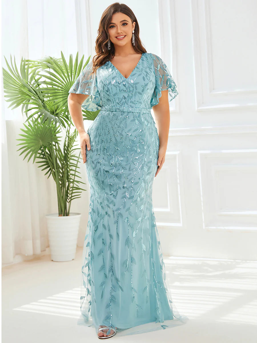 Mermaid / Trumpet Evening Gown Sparkle Dress Formal Floor Length Short Sleeve V Neck Fall Wedding Guest Tulle with Sequin