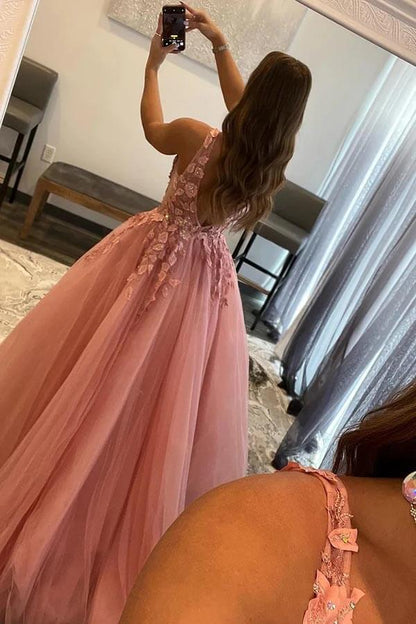 Neck Tulle Appliques Blush Pink Prom Dress with Slit