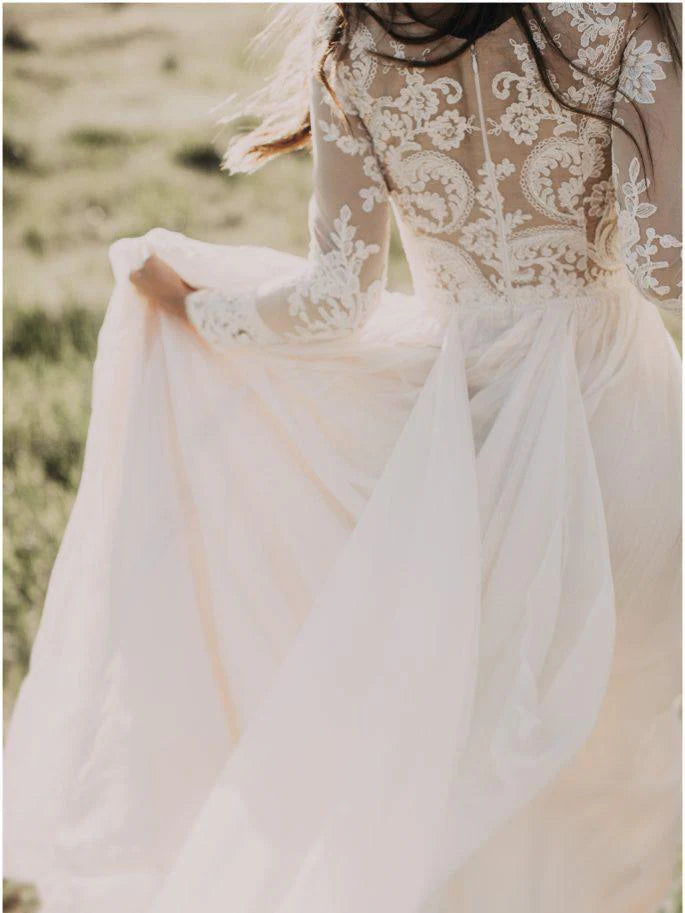 A-line Scoop Lace Wedding Dress Long Sleeve Rustic Wedding Dresses