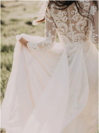 A-line Scoop Lace Wedding Dress Long Sleeve Rustic Wedding Dresses