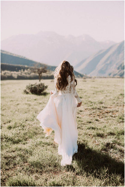 A-line Scoop Lace Wedding Dress Long Sleeve Rustic Wedding Dresses