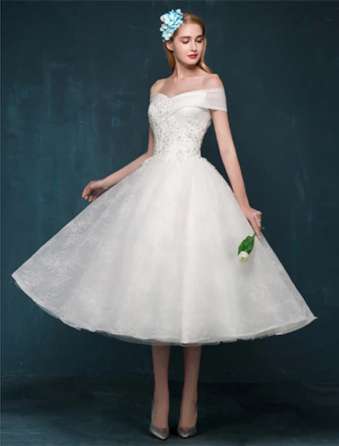 Bridal Dresses Wedding Dresses A-Line Off Shoulder Cap Sleeve Tea Length Lace Bridal Gowns With Beading Sequin