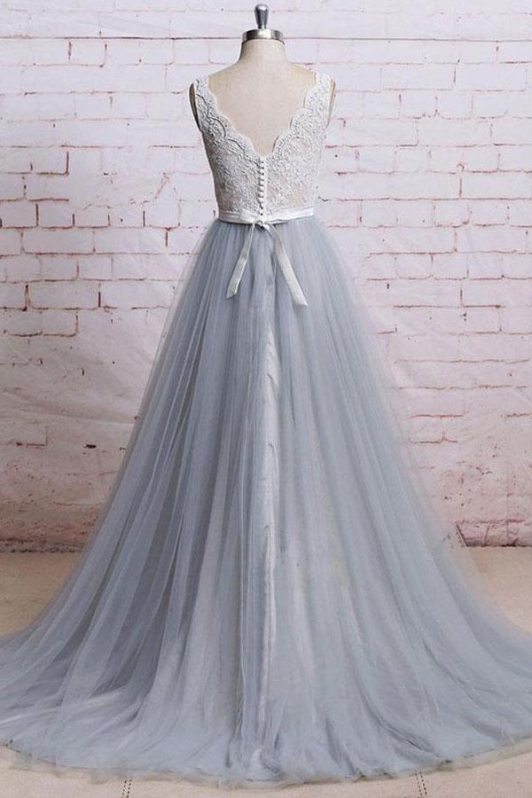 A Line V-neck Lace Grey Tulle Skirt Wedding Guest Bridesmaid Dress Chapel Train Prom Dresses
