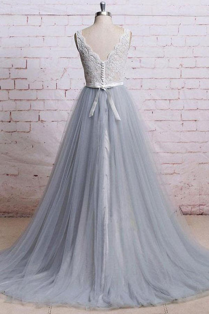A Line V-neck Lace Grey Tulle Skirt Wedding Guest Bridesmaid Dress Chapel Train Prom Dresses