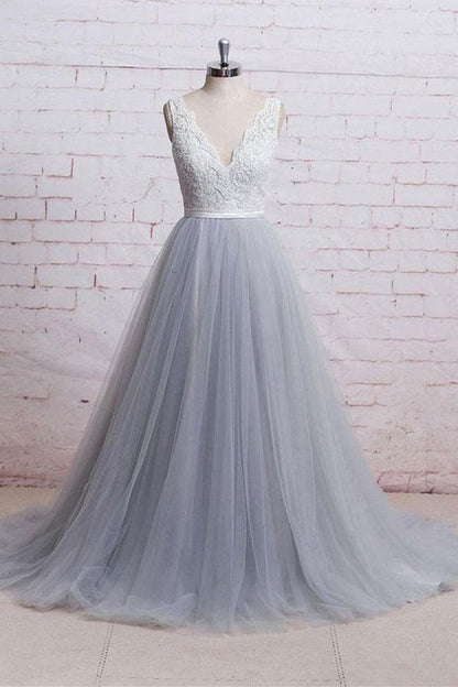 A Line V-neck Lace Grey Tulle Skirt Wedding Guest Bridesmaid Dress Chapel Train Prom Dresses