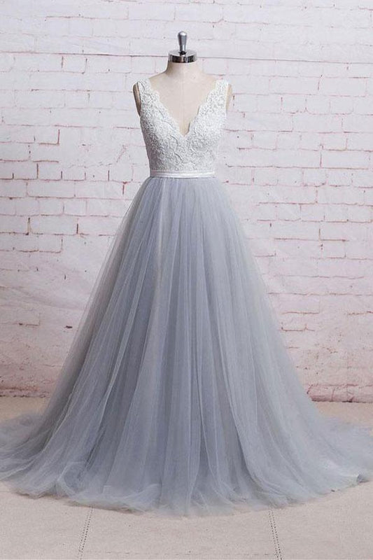 A Line V-neck Lace Grey Tulle Skirt Wedding Guest Bridesmaid Dress Chapel Train Prom Dresses