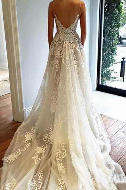V Neck Spaghetti Straps Appliques Court Train Tulle Wedding Dress
