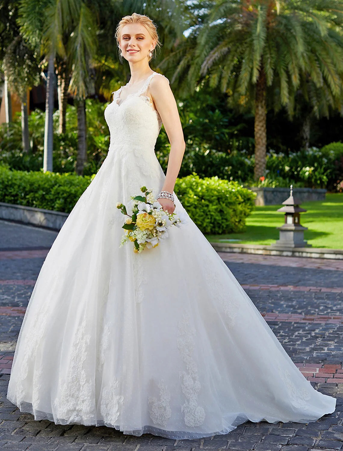 Ball Gown V Neck Regular Straps Floor Length Tulle Over Lace Bridal Gowns With Lace Appliques Wedding Dresses