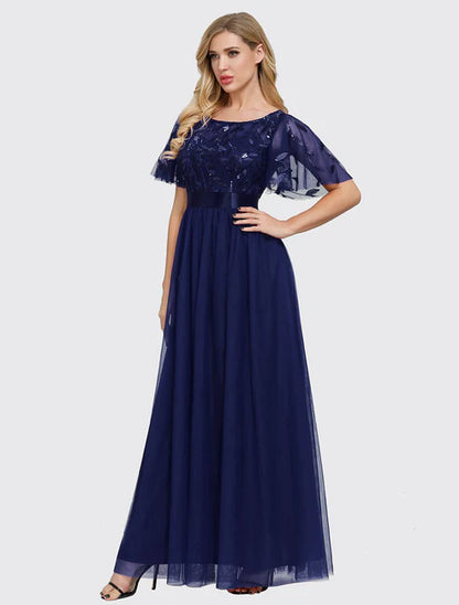A-Line  Elegant Party Wear Prom Dress Jewel Neck Short Sleeve Floor Length Tulle with Embroidery / Illusion Sleeve