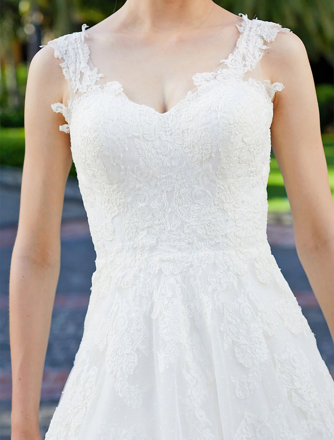 Ball Gown V Neck Regular Straps Floor Length Tulle Over Lace Bridal Gowns With Lace Appliques Wedding Dresses