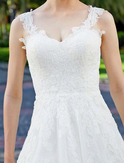Ball Gown V Neck Regular Straps Floor Length Tulle Over Lace Bridal Gowns With Lace Appliques Wedding Dresses